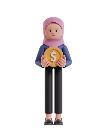 Empresaria con hijab empresaria llevando monedas de un dólar  3D Illustration