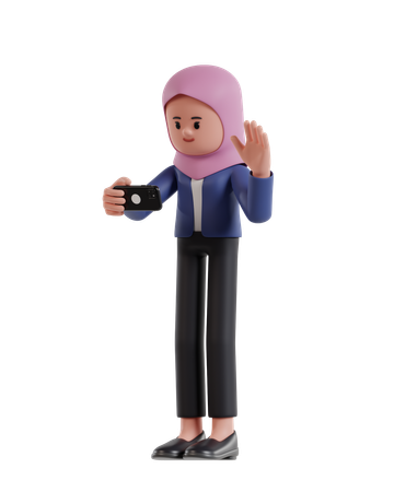 Mujer de negocios con hijab haciendo una videollamada con un teléfono inteligente  3D Illustration