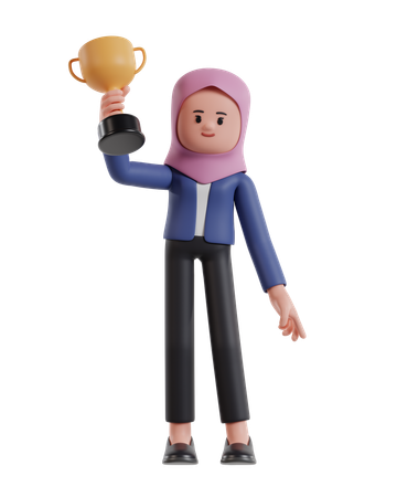 Empresaria con hijab levanta trofeo con la mano derecha  3D Illustration