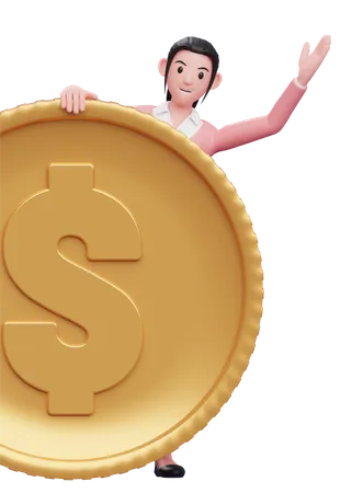 Mujer De Negocios Con Sueter Rosa Da Un Vistazo Desde Detras De La Moneda Ilustracion 3 D De Una Mujer De Negocios Con Sueter Sosteniendo Una Moneda De Un Dolar 3D Illustration