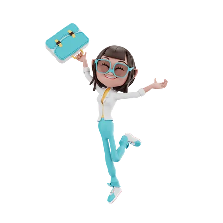 Empresária dançando com maleta  3D Illustration