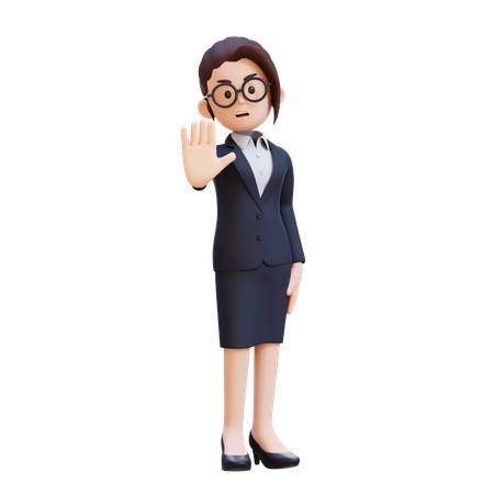 Mulher de negócios de terno e óculos fazendo sinal de pare com a palma da mão  3D Illustration