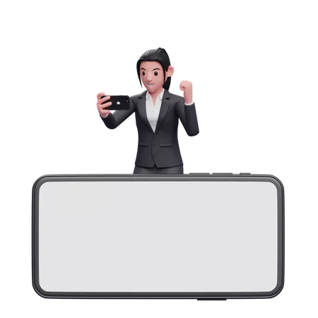 Empresária em pé atrás do telefone enquanto comemora  3D Illustration