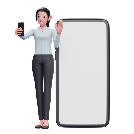 Empresária em pé enquanto faz videochamada e acena com a mão  3D Icon