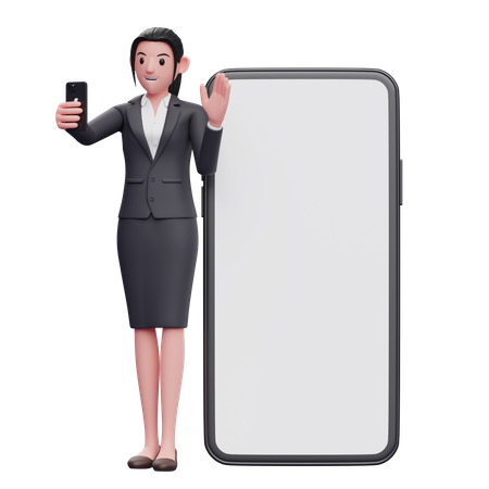 Empresária em pé enquanto faz videochamada e acena com a mão  3D Icon