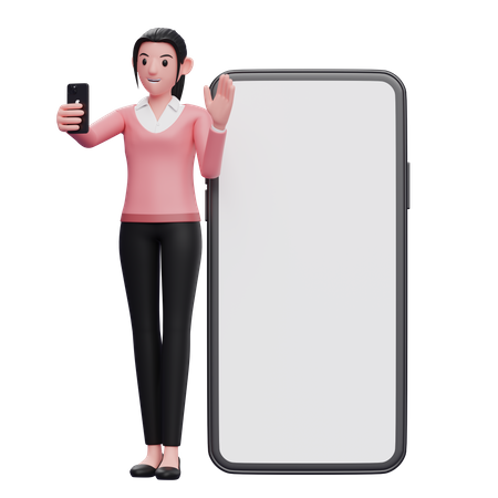 Empresária em pé enquanto faz videochamada e acena com a mão  3D Icon