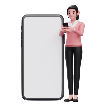 Linda Mulher Esta Digitando No Telefone Ao Lado De Um Grande Telefone Com Tela Branca 3D Illustration