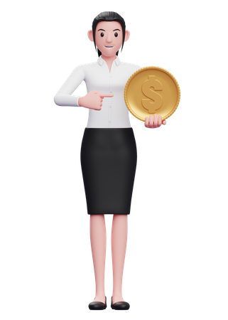 Mujer de negocios, tenencia, moneda de un dólar  3D Illustration