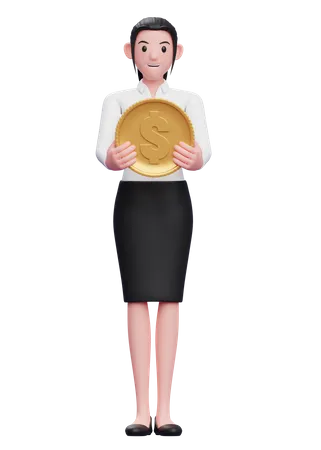 Mujer de negocios, tenencia, moneda de un dólar  3D Illustration
