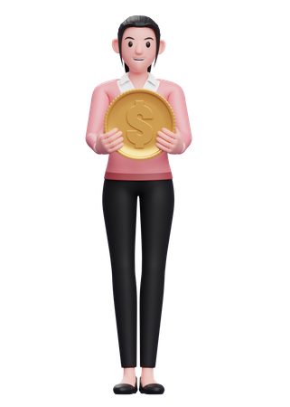 Mujer de negocios, tenencia, moneda de un dólar  3D Illustration