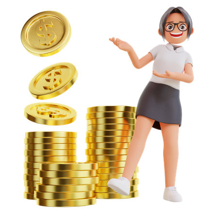 Empresária mostrando moeda de dólar  3D Illustration