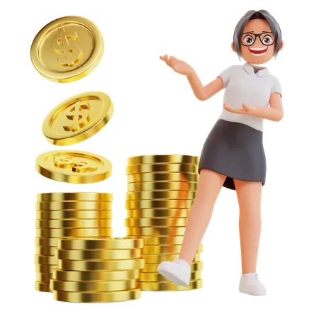 Empresária mostrando moeda de dólar  3D Illustration