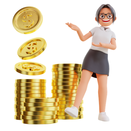 Empresaria mostrando moneda de un dólar  3D Illustration