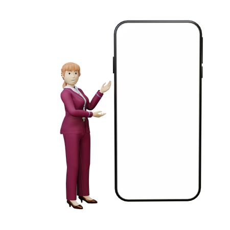 Empresária mostrando espaço em branco móvel  3D Illustration