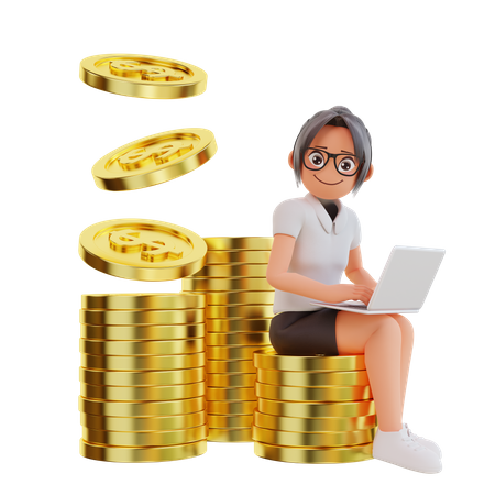 A mulher de negócios senta-se nas moedas do dólar  3D Illustration