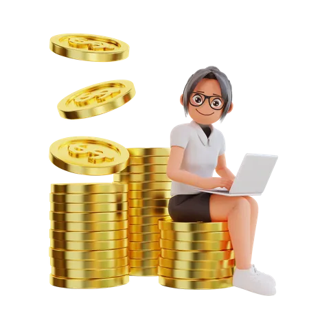 A mulher de negócios senta-se nas moedas do dólar  3D Illustration