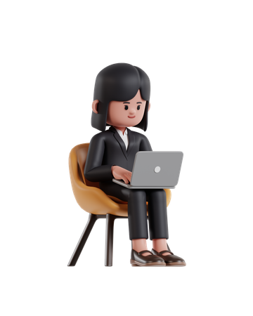 Empresária sentada em uma cadeira e trabalhando em um laptop  3D Illustration