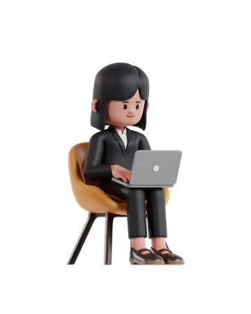 Ilustracao 3 D De Uma Empresaria De Desenho Animado Sentada Em Uma Cadeira E Trabalhando Em Um Laptop 3D Illustration
