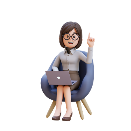Mulher de negócios tendo uma ideia enquanto está sentada no sofá e trabalha no laptop  3D Icon