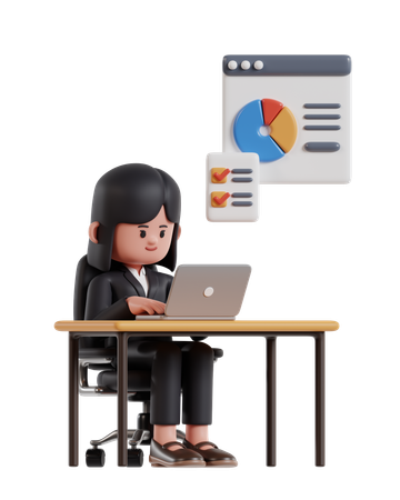 Empresária trabalhando no laptop na mesa de escritório  3D Icon