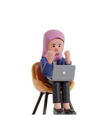 Empresária usando hijab olhando para a tela do laptop enquanto levanta a mão em comemoração  3D Illustration