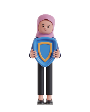 Empresária usando hijab segurando escudo de proteção  3D Illustration