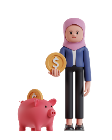 Empresária usando hijab segurando moedas está economizando no cofrinho  3D Illustration