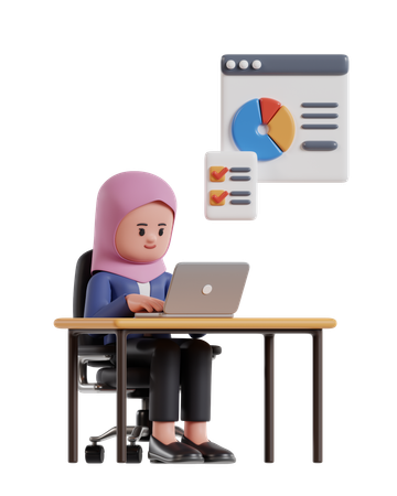 Empresária usando hijab trabalhando no laptop na mesa de escritório  3D Icon