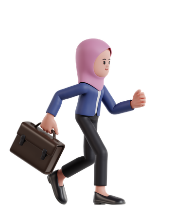 Empresária usando um hijab correndo com maleta  3D Icon