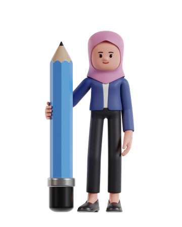 Empresária usando um hijab segurando um lápis grande  3D Illustration