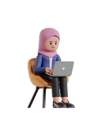 Mulher de negócios usando um hijab, sentada em uma cadeira e trabalhando em um laptop  3D Illustration