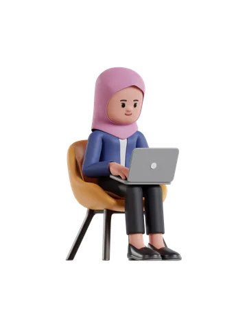 Mulher de negócios usando um hijab, sentada em uma cadeira e trabalhando em um laptop  3D Illustration