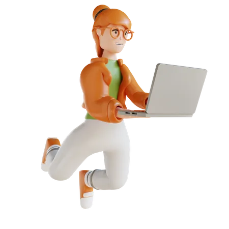 Mulher De Negocios De Ilustracao 3 D Voando Segurando Laptop 3D Illustration