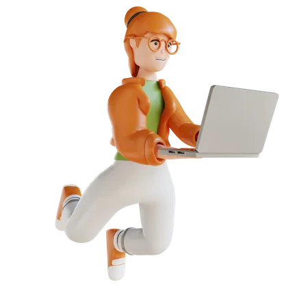 Mujer de negocios, vuelo, tenencia, computador portatil  3D Illustration