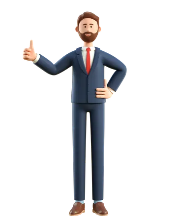 Retrato De Empresario Feliz Sorridente Mostrando Gesto Legal Ilustracao 3 D Do Homem De Pe Dos Desenhos Animados De Terno Com O Polegar Para Cima Isolado No Fundo Branco 3D Illustration