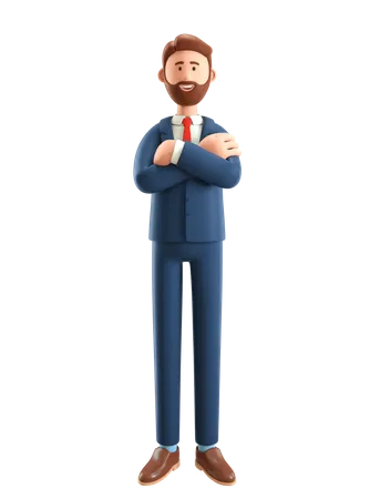 Retrato De Um Empresario Confiante Sorridente Ilustracao 3 D De Personagem Masculino Em Pe De Desenho Animado De Terno Com Bracos Cruzados Isolado Em Fundo Branco 3D Illustration