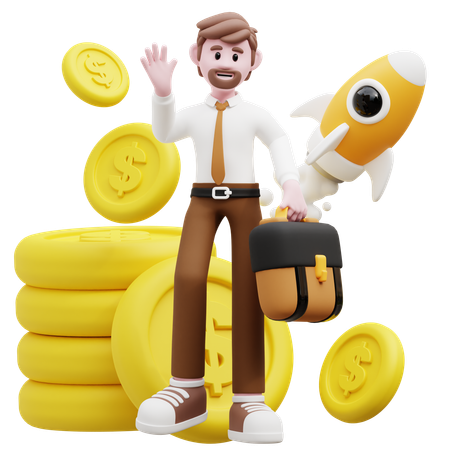 Empresário acenando com a mão enquanto faz uma inicialização financeira  3D Illustration