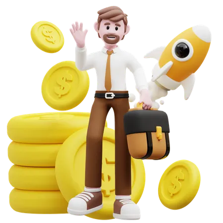 Empresário acenando com a mão enquanto faz uma inicialização financeira  3D Illustration