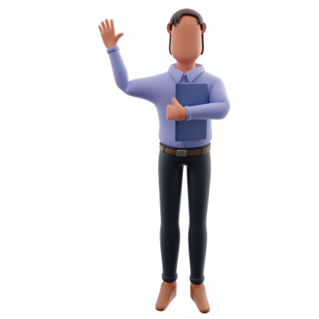 Empresário acenando com a mão enquanto segura um relatório  3D Icon