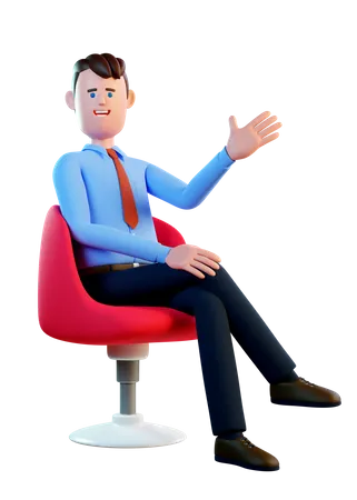 Hombre De Negocios 3 D Sentado En Una Silla Roja Gesticulando Y Sonriendo Imagen 3 D Renderizado 3 D 3D Illustration