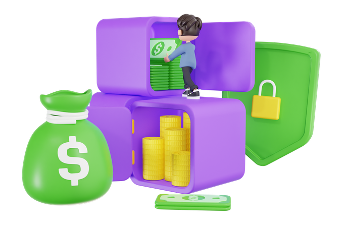 Empresario ahorrando dinero en caja de depósito  3D Illustration