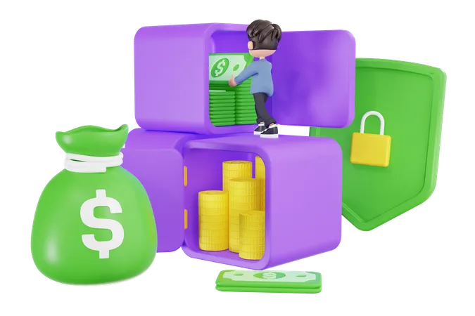 Empresario ahorrando dinero en caja de depósito  3D Illustration