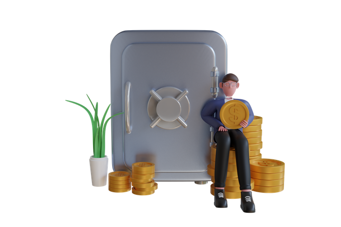 Empresario ahorra dinero en caja fuerte  3D Illustration
