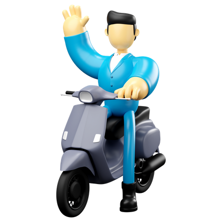 Empresário andando de scooter cinza acenando com a mão  3D Illustration