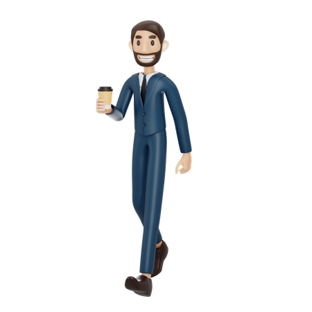 Empresário andando e segurando uma xícara de café  3D Illustration