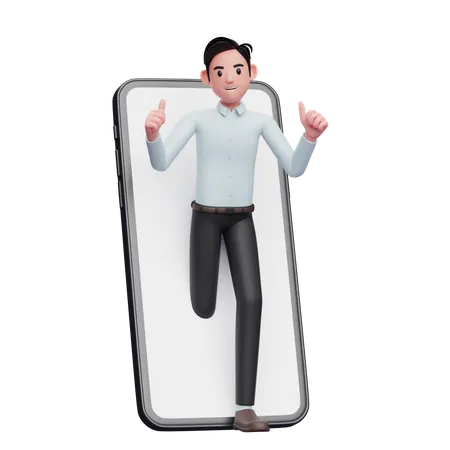 Empresário aparece de dentro da tela do telefone enquanto faz sinal de positivo  3D Illustration