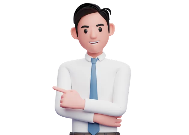 Empresário apontando para a esquerda e mão cruzada no peito  3D Illustration