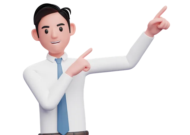 Empresário apontando para o canto superior direito com os dois dedos  3D Illustration