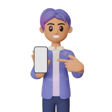 Empresário apontando para smartphone com tela em branco  3D Illustration