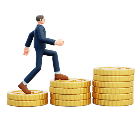 Empresario caminando sobre la pila de monedas  3D Illustration
